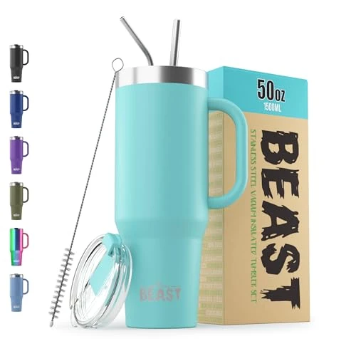 Organic Beast 50 oz Tumbler with Handle Stainless Steel Vacuum Insulated Coffee Ice Cup Double Wall Travel Flask Optimized