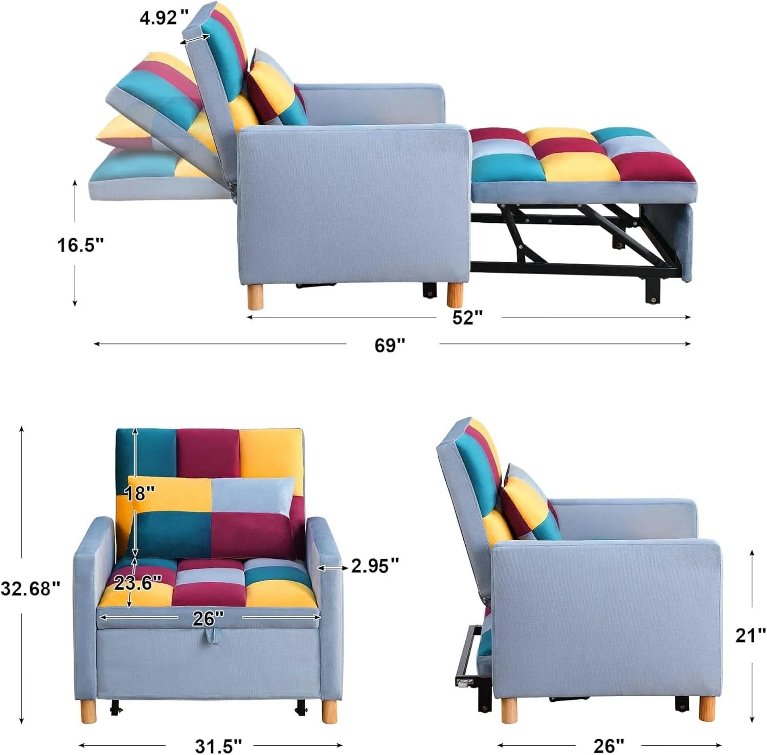 Crafted Convertible Sleeper Sofa Chair Rainbow 3In1 Compact Exceptional
