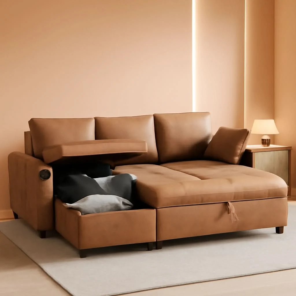 Functional Brown Leather Sleeper Sofa Bed With Storage Comfortable