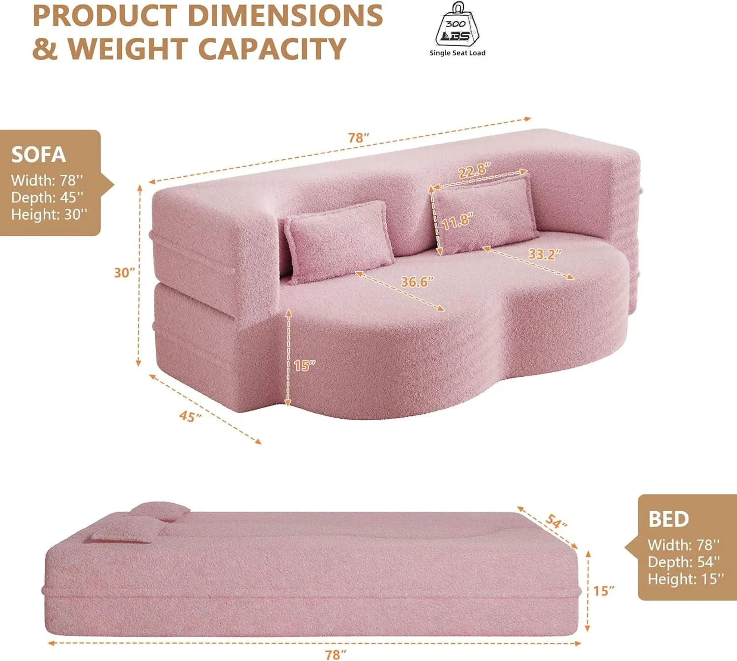 Authentic Powder Pink Ultra Comfort Contemporary Foldable Sleeper Sofa Optimized