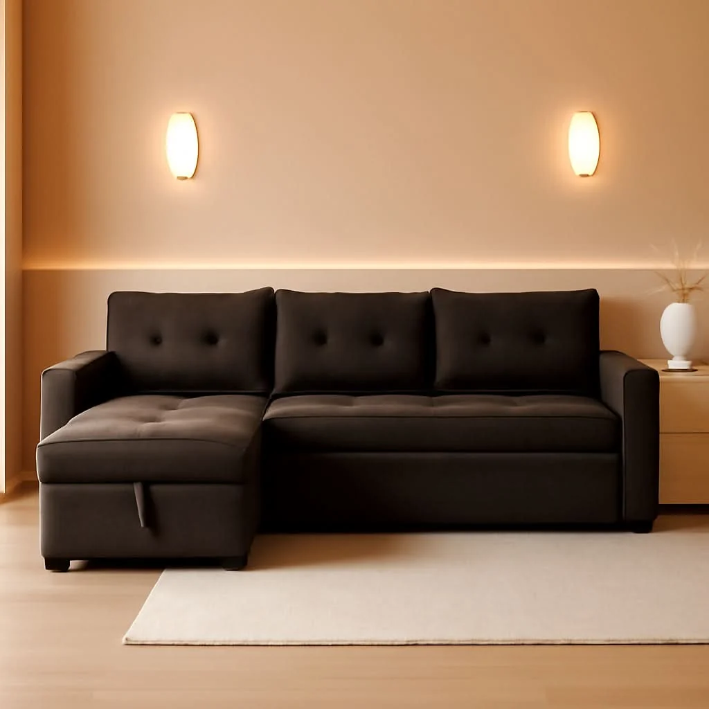 Secure Espresso Velvet Sleeper Sectional Sofa Bed Chaise Set Convenient