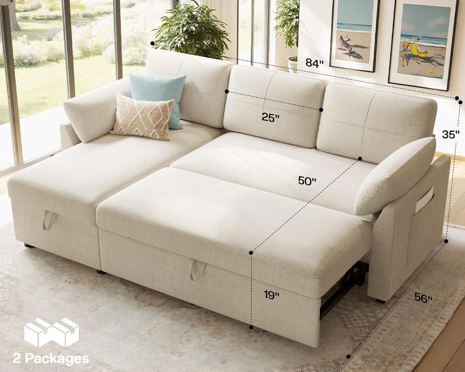 Outstanding Linen Beige Multifunctional Sleeper Sofa With Storage Sustainable