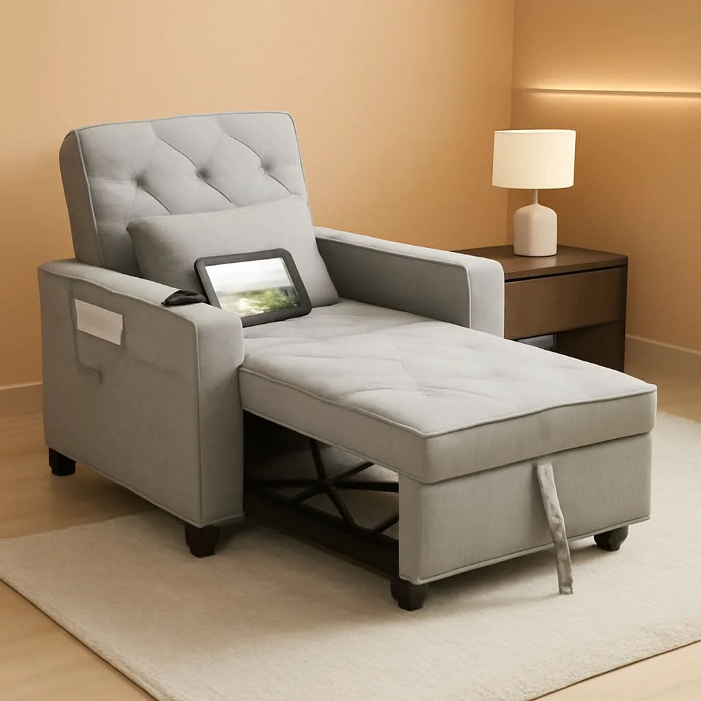 Carefully Designed Charcoal Grey Convertible Sleeper Chair With USB Ports Durable