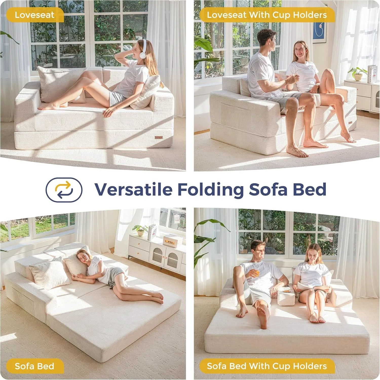 Effective Beige Foldable Convertible Sleeper Sofa With CupHolders Carefully Designed