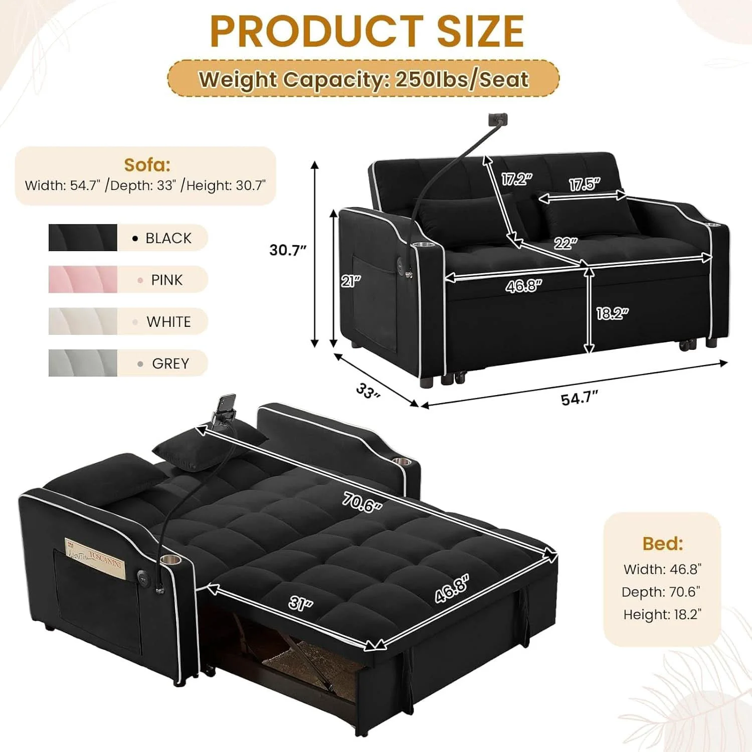Breathable Black Velvet Luxe Sleeper Sofa Bed USB Charging Port Innovative