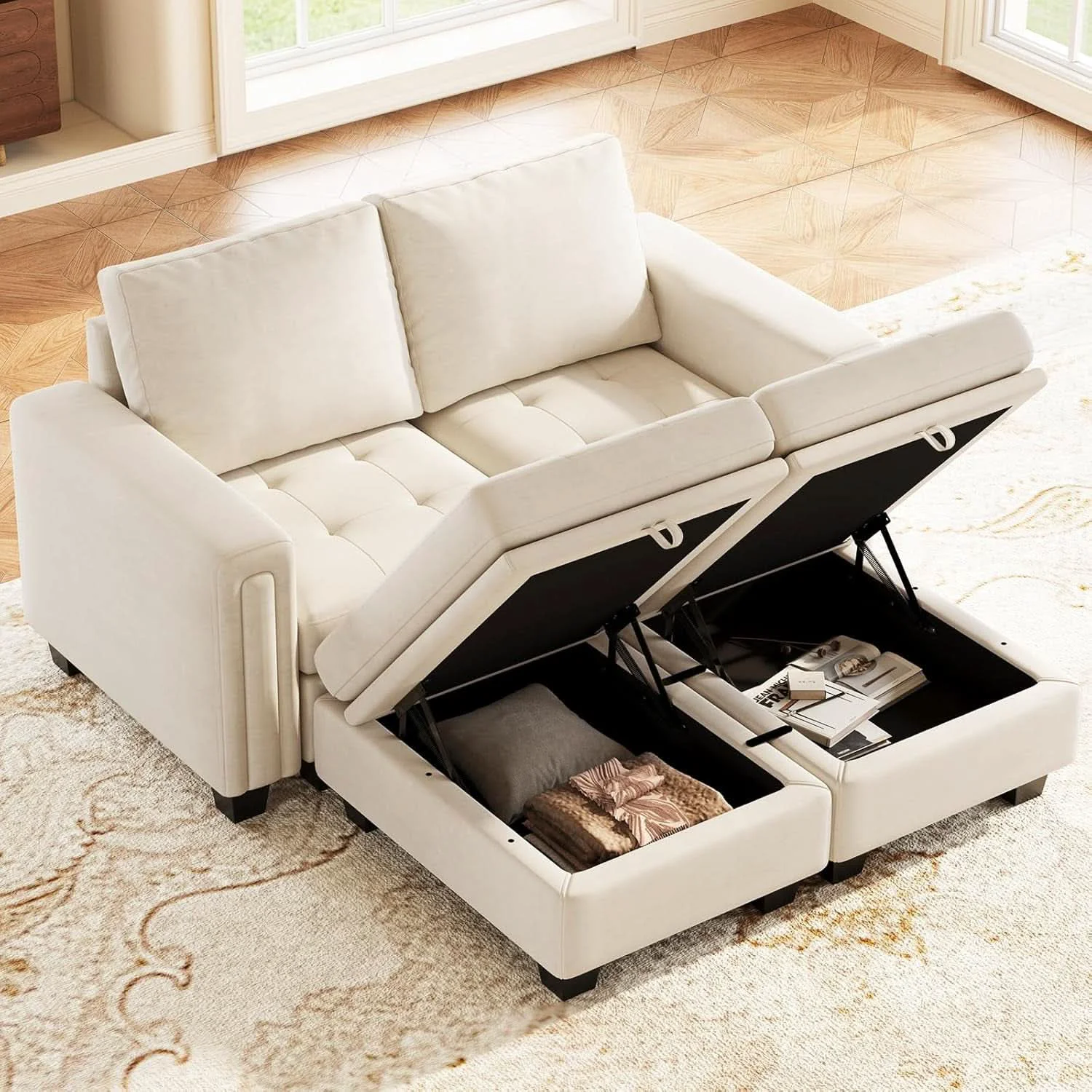 Excellent Beige Velvet Modular Sectional Sofa With Storage Sleeper Fine