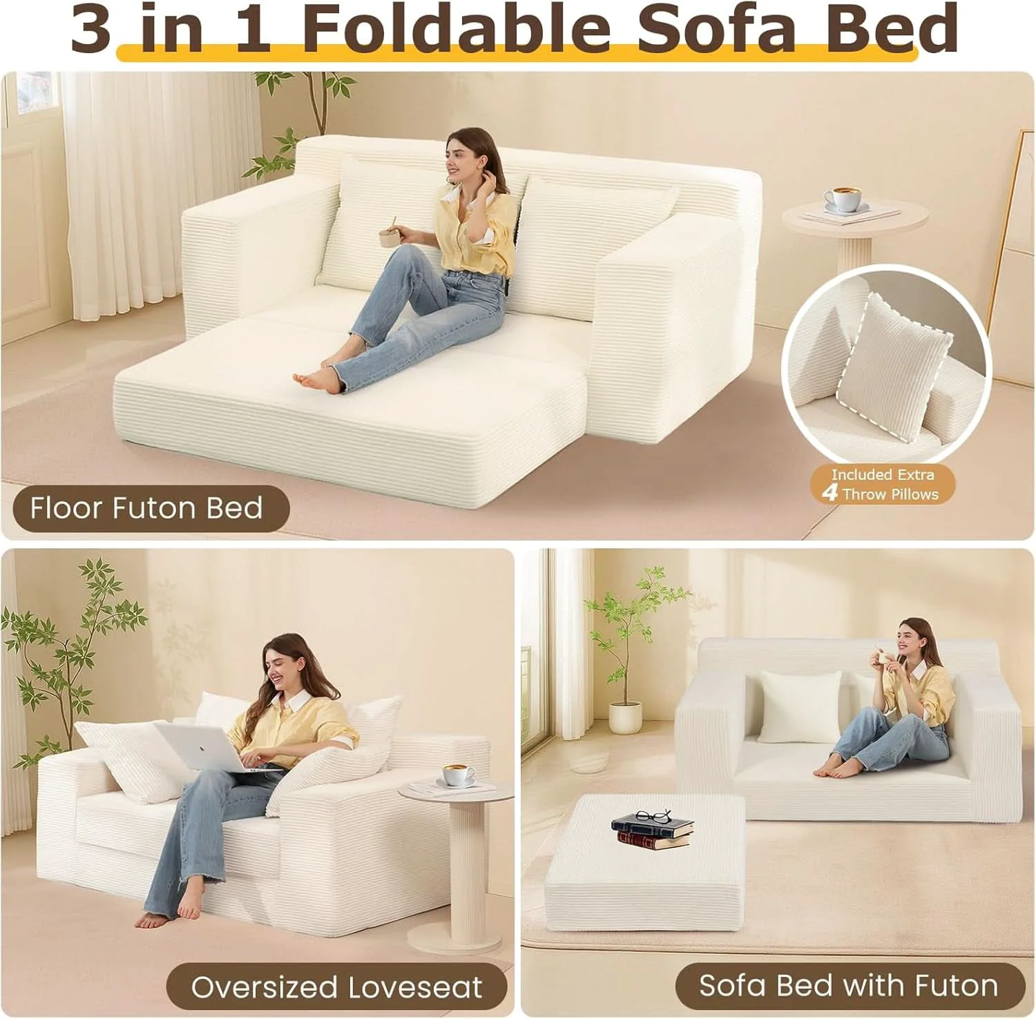 Comfortable Corduroy Convertible Sofa Bed Three In One BeigeTone Sleeper Eco-Friendly