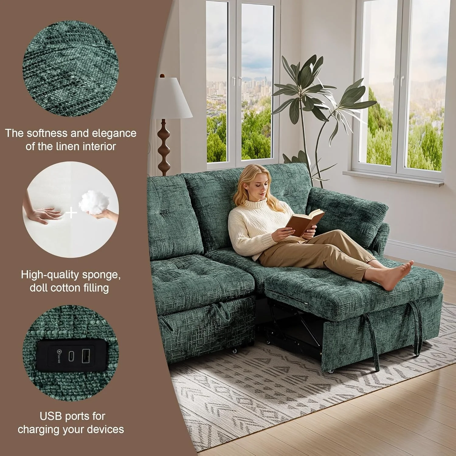 Professional Green 3-Seater Modular Convertible Sleeper Sofa USB Premium