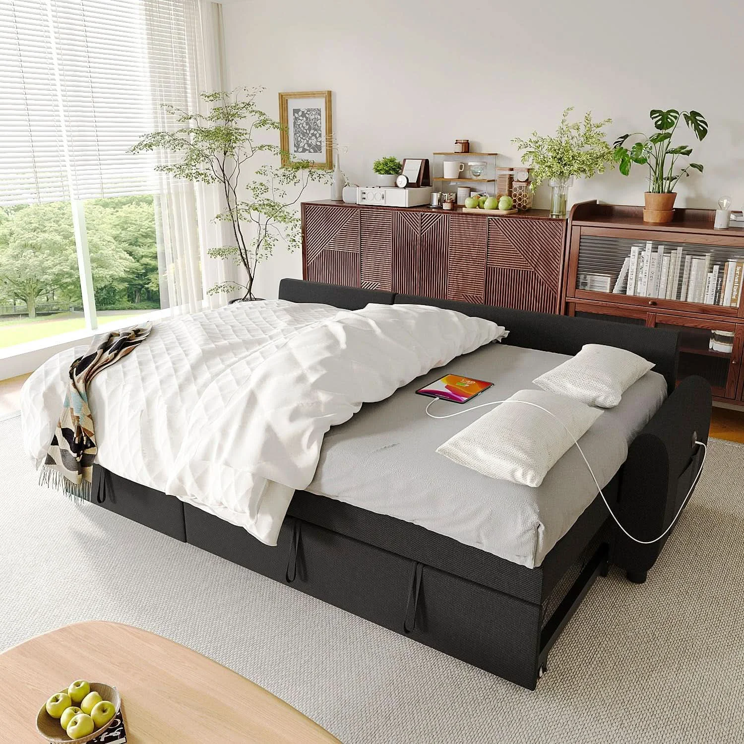Recyclable 86Inch Convertible Sleeper Sectional With USB Ports Reliable