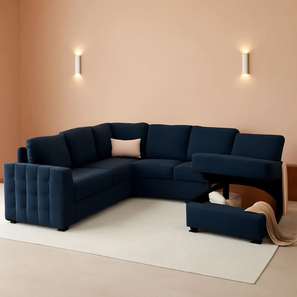 Certified Blue Velvet U Shaped Sleeper Sofa With Pull Out Bed First-Class