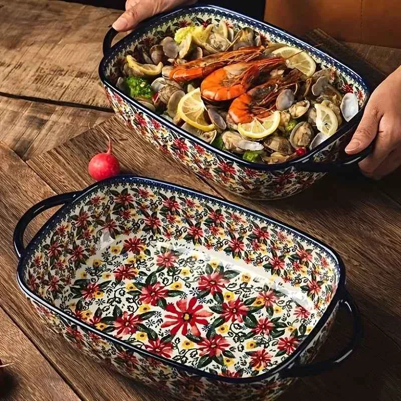 Effective 1pc Polish Ceramic Rectangular Baking Dish with Handles Hand-Painted Embossed Floral Design Versatile Salad Rice Cheese Plate for Home KitchenSPECIFICATIONS Smooth