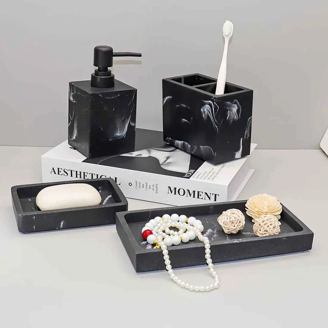 Exceptional 4pcs Bathroom Set Soap Dispenser Toothbrush Holder Soap Dish Storage Tray – Black Design Suitable for All Bath Styles to Create a Cozy Home Decor Experience Year-RoundSPECIFICATIONS Professional