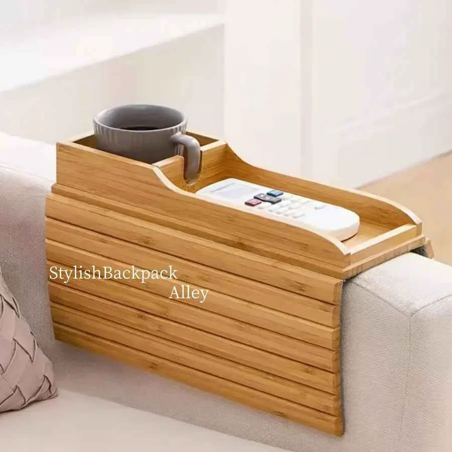 Relaxed Stylish Bamboo Sofa Armrest Tray with Cup Holder – Anti-Fall Design Foldable Storage Table for Snacks Phones Beverages Cups Contemporary Home Accessory Beverage Tray Modern Bamboo Tray Foldable TraySPECIFICATIONS Durable