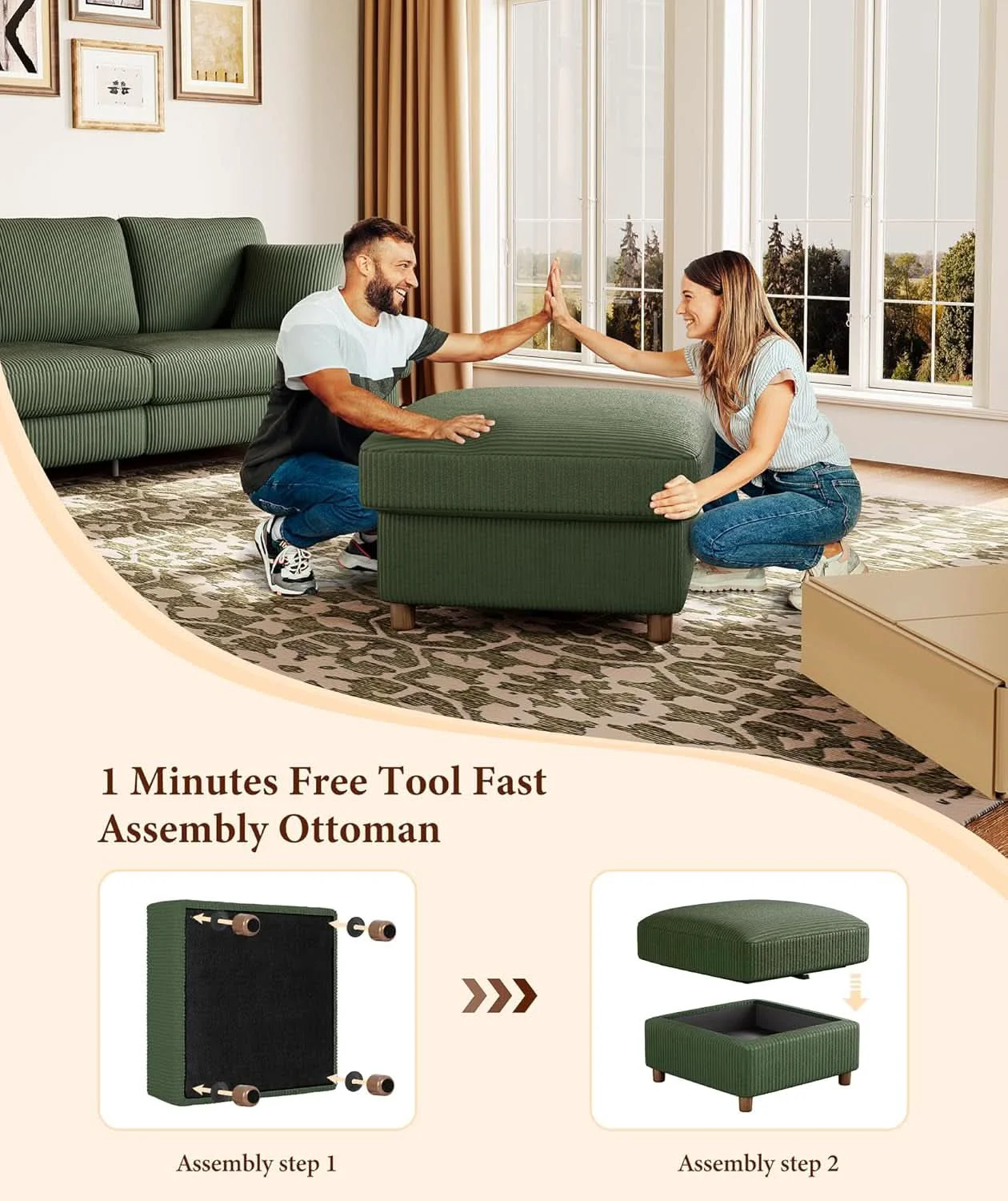 Consistent Emerald Corduroy Storage Ottoman 25 Inch Cushioned Smart