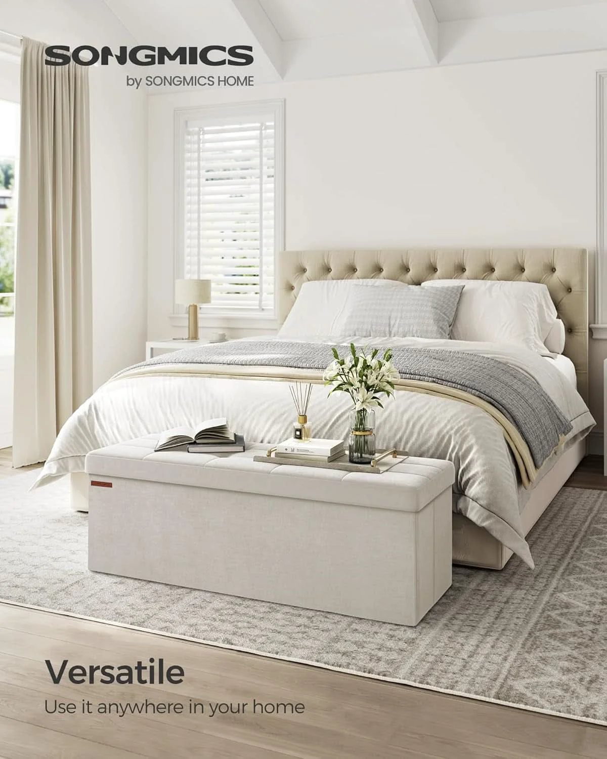 Functional Cream White Storage Ottoman Bench Foldable 15x43x15 Artisan