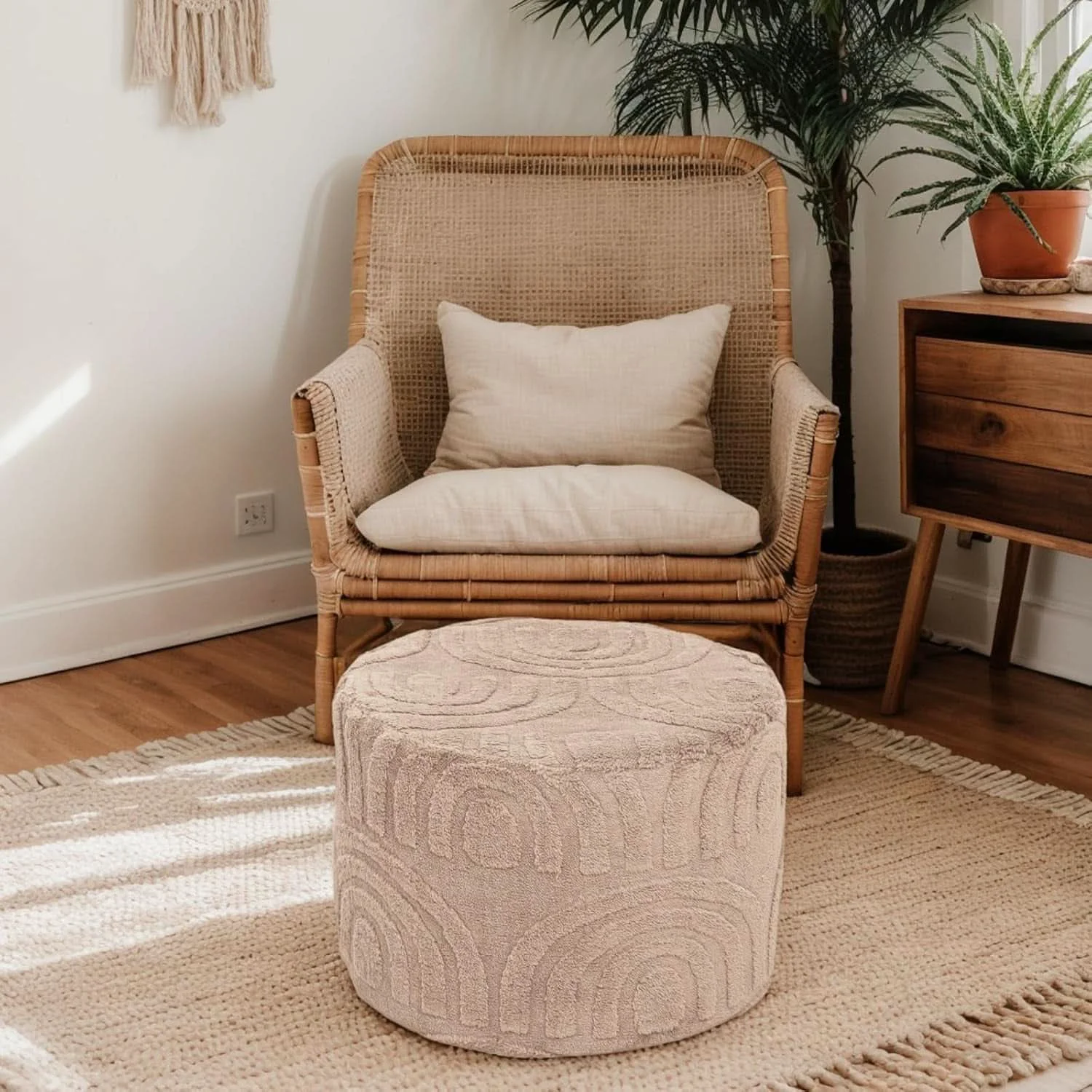 Optimized Khaki Round Ottoman Pouf 20x20x14 Inches Luxurious World-Class