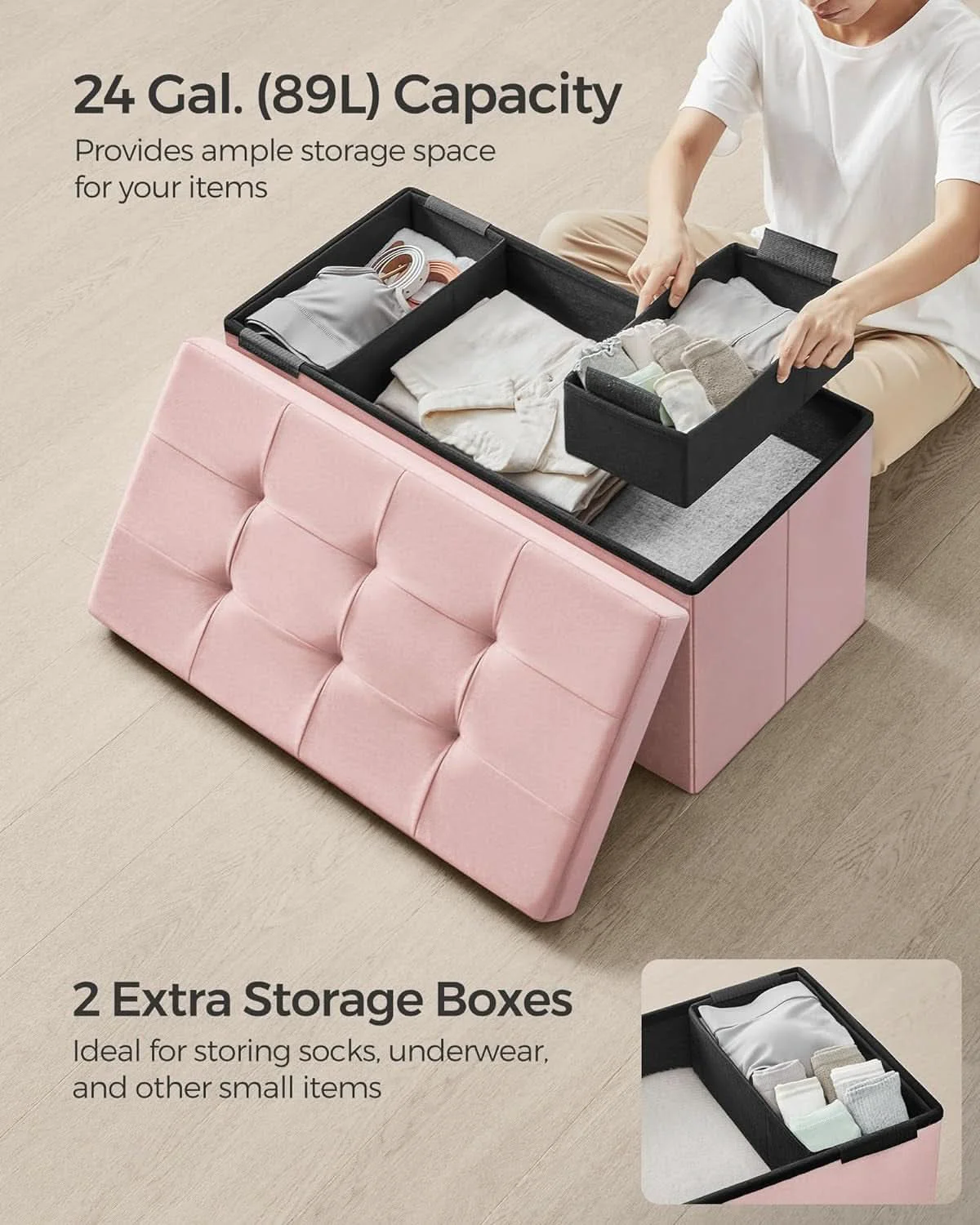 Casual Jelly Pink Foldable Storage Ottoman Bench 15x30x15 High-Quality