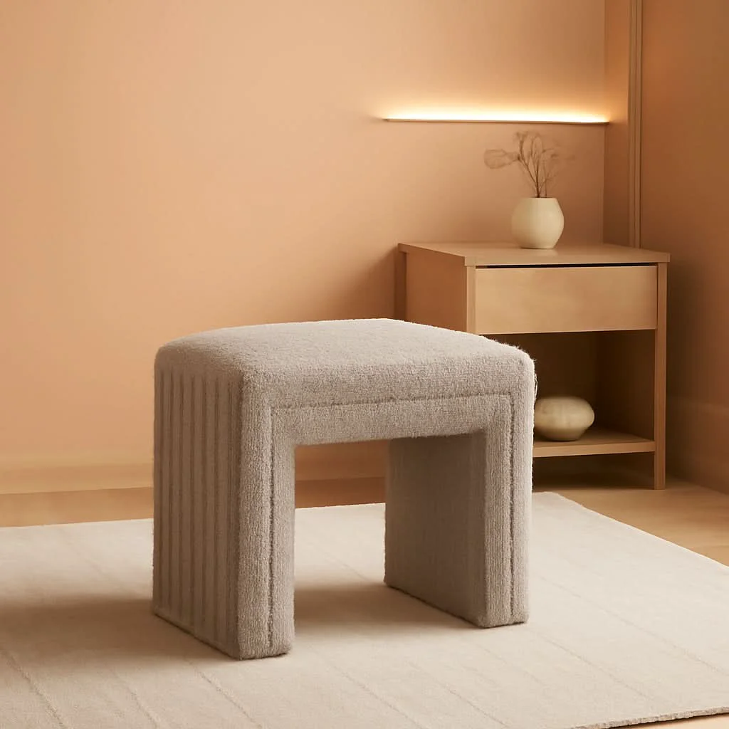 Organic Taupe Boucle Vanity Ottoman Tufted Weathered Walnut Traditional