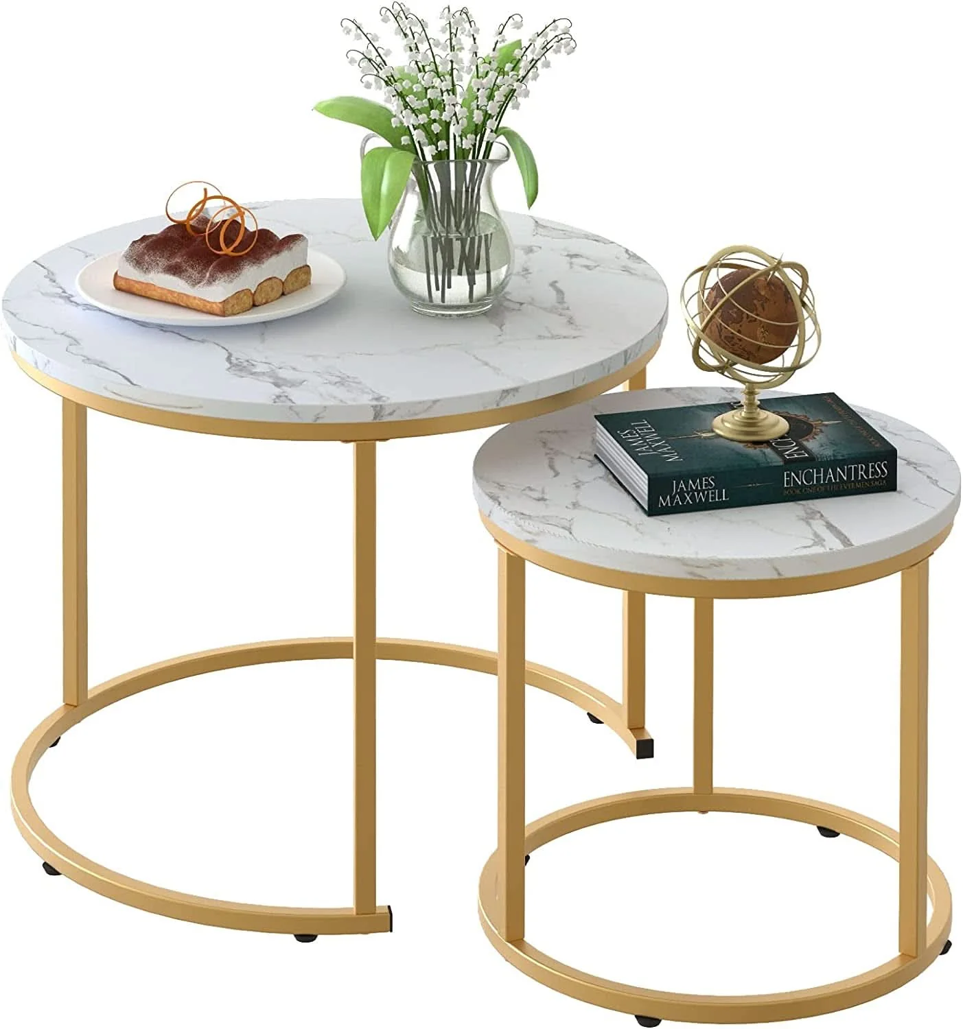 Refined White Nesting Circular Coffee Tables Marble Pattern Clean