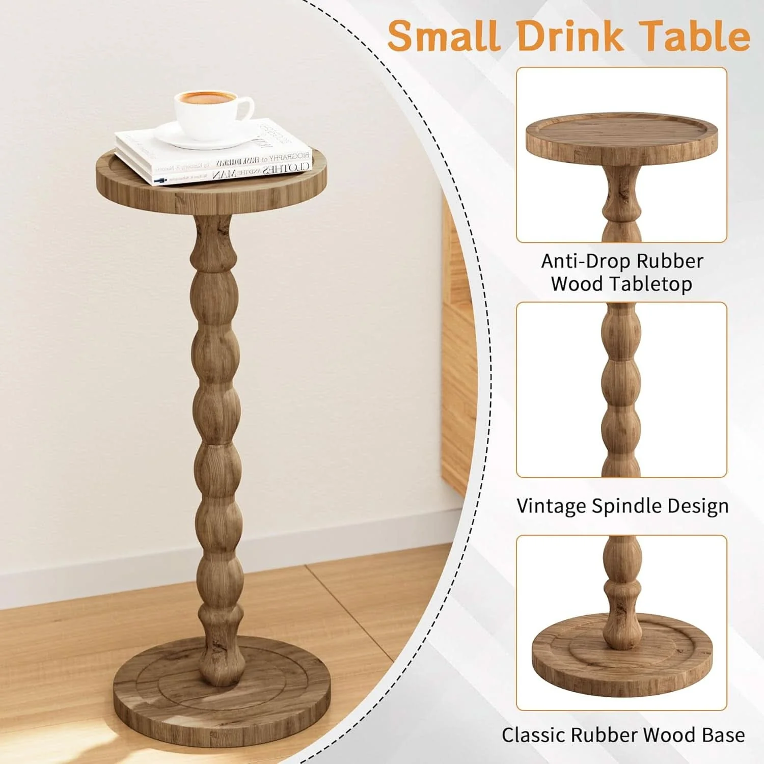 Carefully Designed 9.4 Inch Round Rubberwood End Table Brown Textured Finish Green