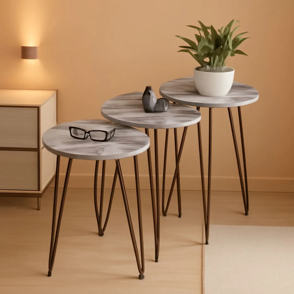 Recyclable Grey Marble Nesting Tables Set Of 3 Modern Round End Tables Effective