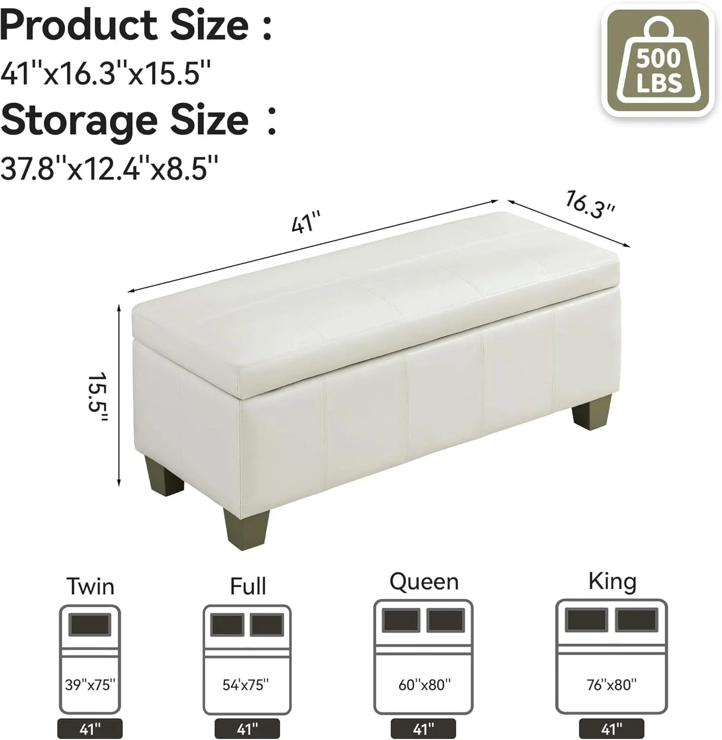 Versatile 41-Inch White Faux Leather Storage Ottoman End-Of-Bed Casual