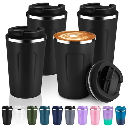 Natural 12 oz Double Wall Insulated Vacuum Travel Coffee Mug with Flip Lid Bulk 4 Pack 4 Count Crafted