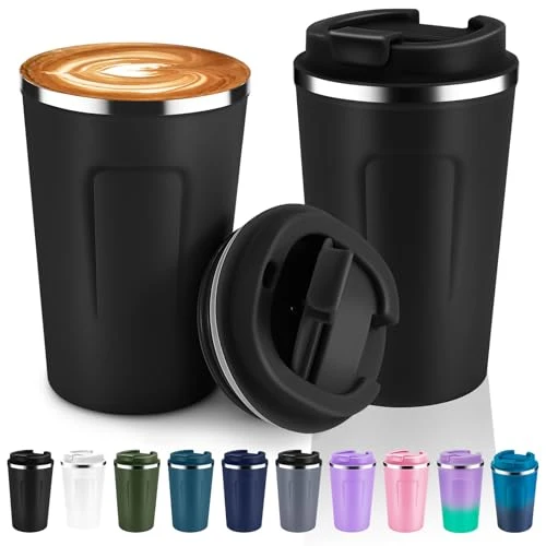 High-End 12 oz Double Wall Insulated Vacuum Travel Coffee Mugs with Flip Lid Bulk 2 Pack 2 Count High-Grade