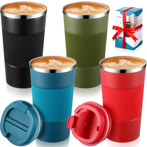 Smooth 4 Pack 16 oz Bulk Travel Coffee Mug with Lid Reusable Vacuum Insulated Coffee Tumbler Double Wall Thermal Stainless Steel Camping Tea Cup for Christmas Winter Drinks Employee Gift 4 Count Healthy