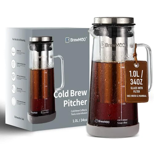 Smooth Sleek 1.0L 34oz Glass Cold Brew Coffee Maker Pitcher Dependable