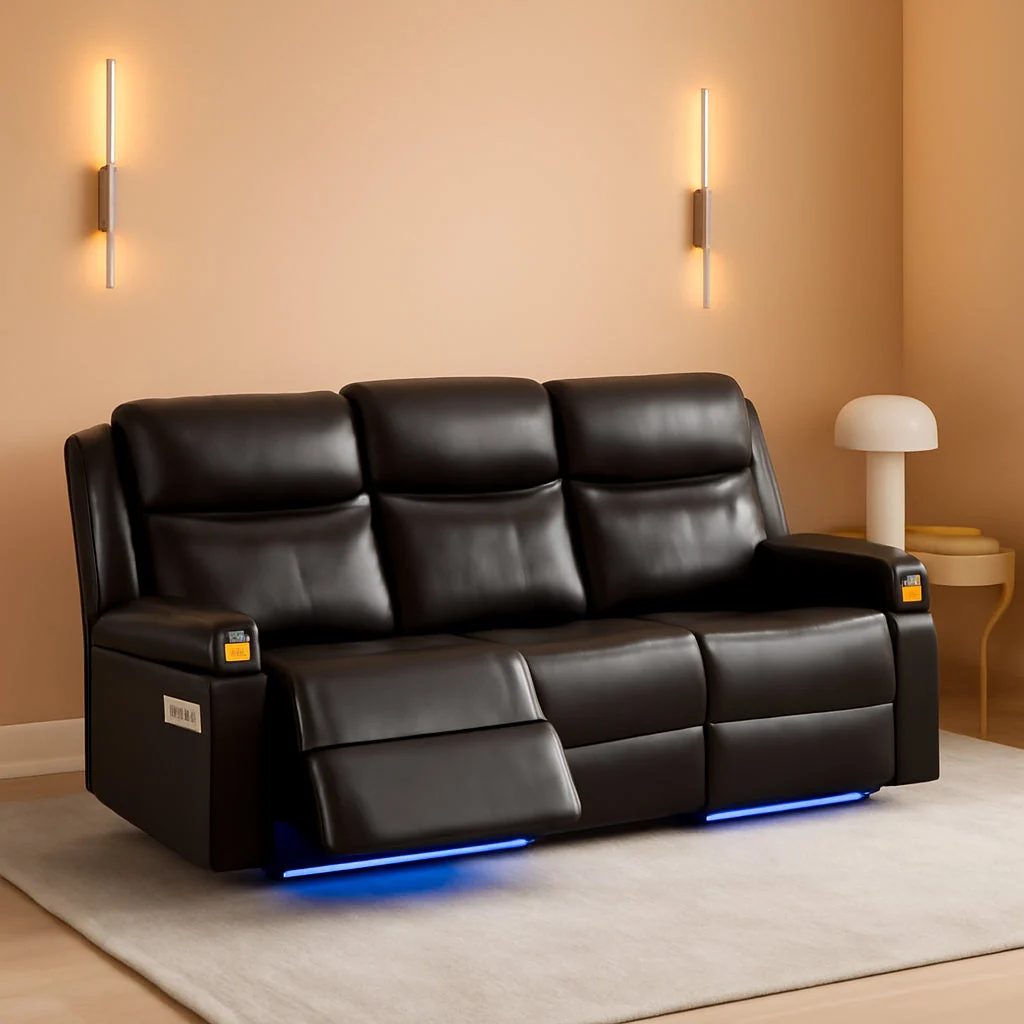 Trendy Brown Colorful LED Lighting Premium Reclining Sofa Soft