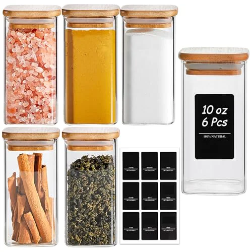 Refined Glass Spice Jars with Labels 10 oz 6 Pack Large Square Bamboo Lids 6 Count Superior
