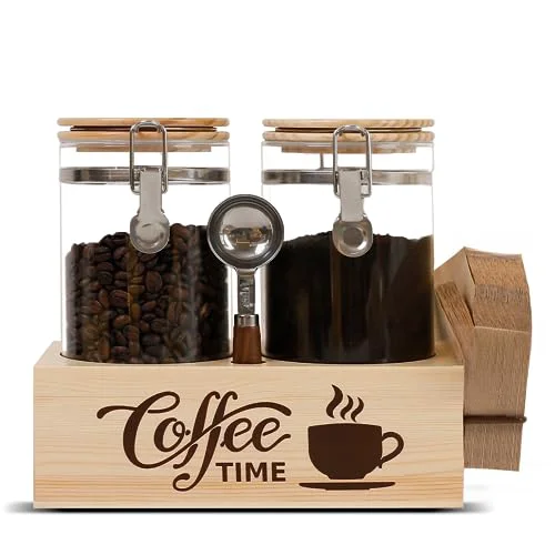 Artisan Glass Coffee Canister Set with Shelf Spoon 2 Piece Coffee Containers for Coffee Bean Storage Airtight Seal Solid