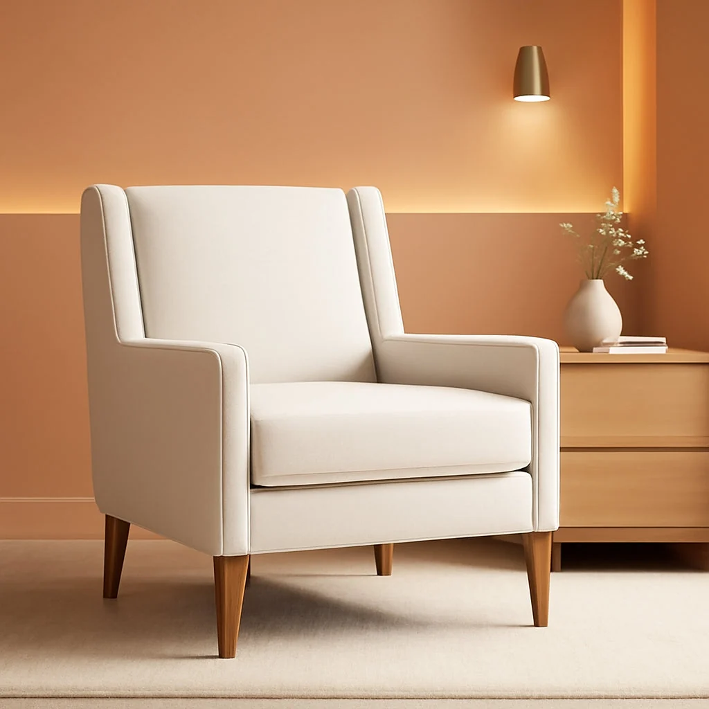 Selected Beige Chenille Upholstered Wingback Chair With Wood Minimalist