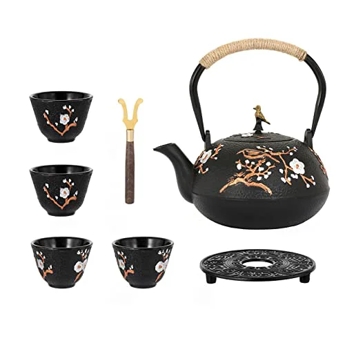 Responsible Cast Iron Teapot 40.6oz Japanese Tea Kettle Set with 4 Tea Cups Stylish