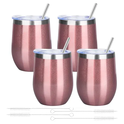 Long-Lasting 12oz 4 Pack Wine Tumbler Glasses with Lid Stemless Double Wall Vacuum Stainless Steel Travel Tumbler Keeping Cold Hot for Wine Premium Material