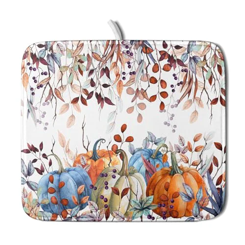 Contemporary Orange and Blue Autumn Pumpkins Dish Drying Mat for Kitchen Counter Lightweight