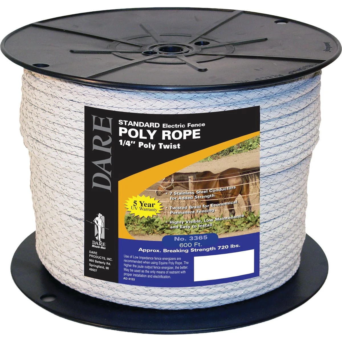Next-Generation Dare Equi-Rope 6 MM c 600 Ft. Poly Twisted Electric Fence Rope Consistent