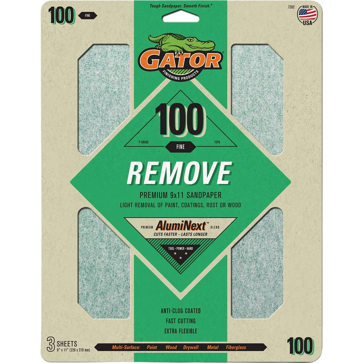 Lightweight Gator Grit 9 In. x 11 In. Flexible Aluminum Oxide Sanding Sheet 100 Grit 3-Pack Versatile