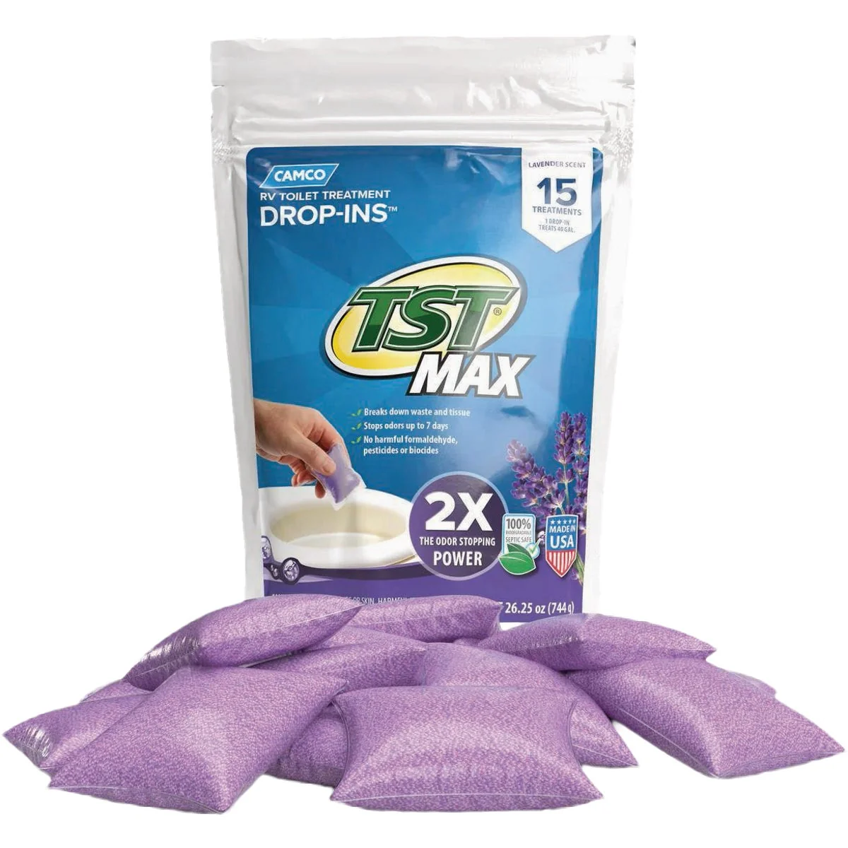 Recyclable Camco TST MAX RV Toilet Treatment Drop-Ins Lavender 15-Count High-End