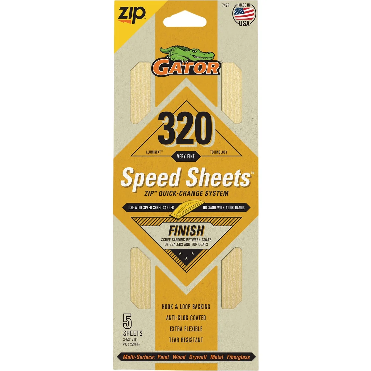Stylish Gator Grit 3 In. x 9 In. Fine ZIP Speed Sheet 320 Grit 5-Pack Flexible