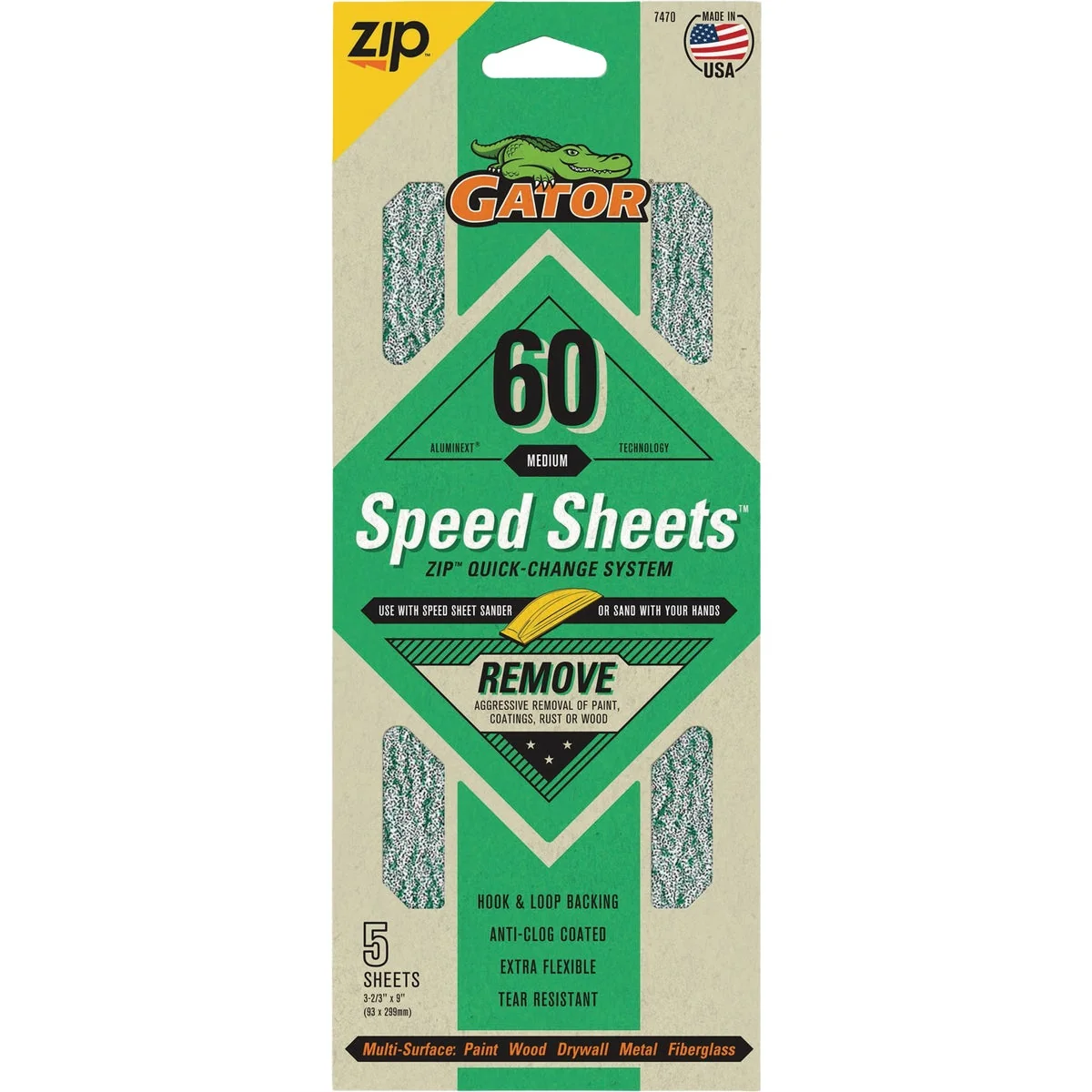 Enhanced Gator Grit 3 In. x 9 In. Coarse ZIP Speed Sheet 60 Grit 5-Pack Authentic