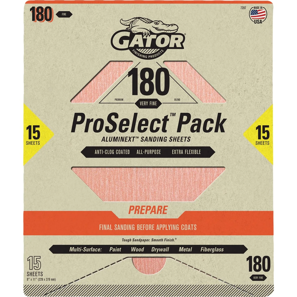 Certified Gator Grit 9 In. x 11 In. Medium Premium Sanding Sheet 180 Grit 15-Pack Soft