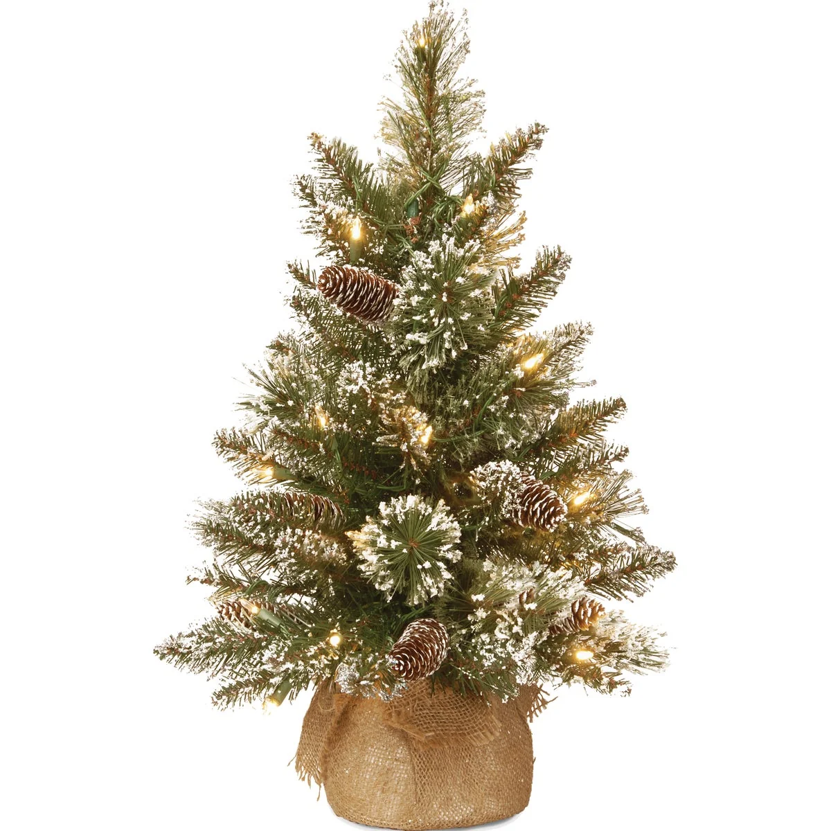 Proven National Tree Company 2 Ft. Warm White LED Glittery Bristle Pine Burlap Tree Fine
