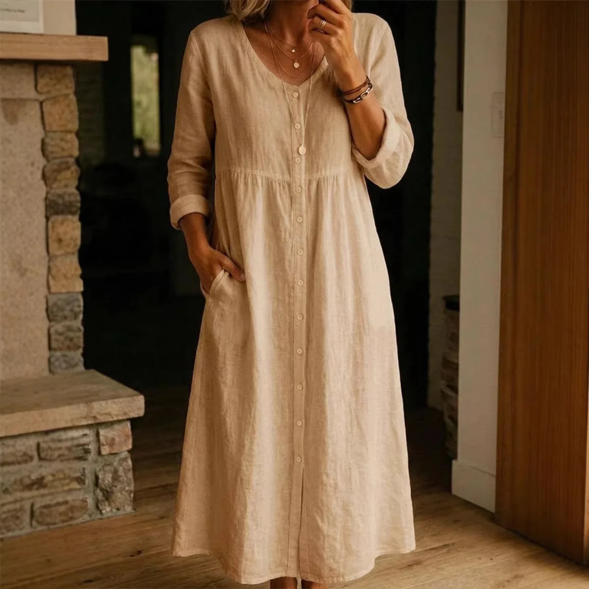 Verified Women’s Cotton Linen Dress – Loose Fit Button Summer Casual Premium