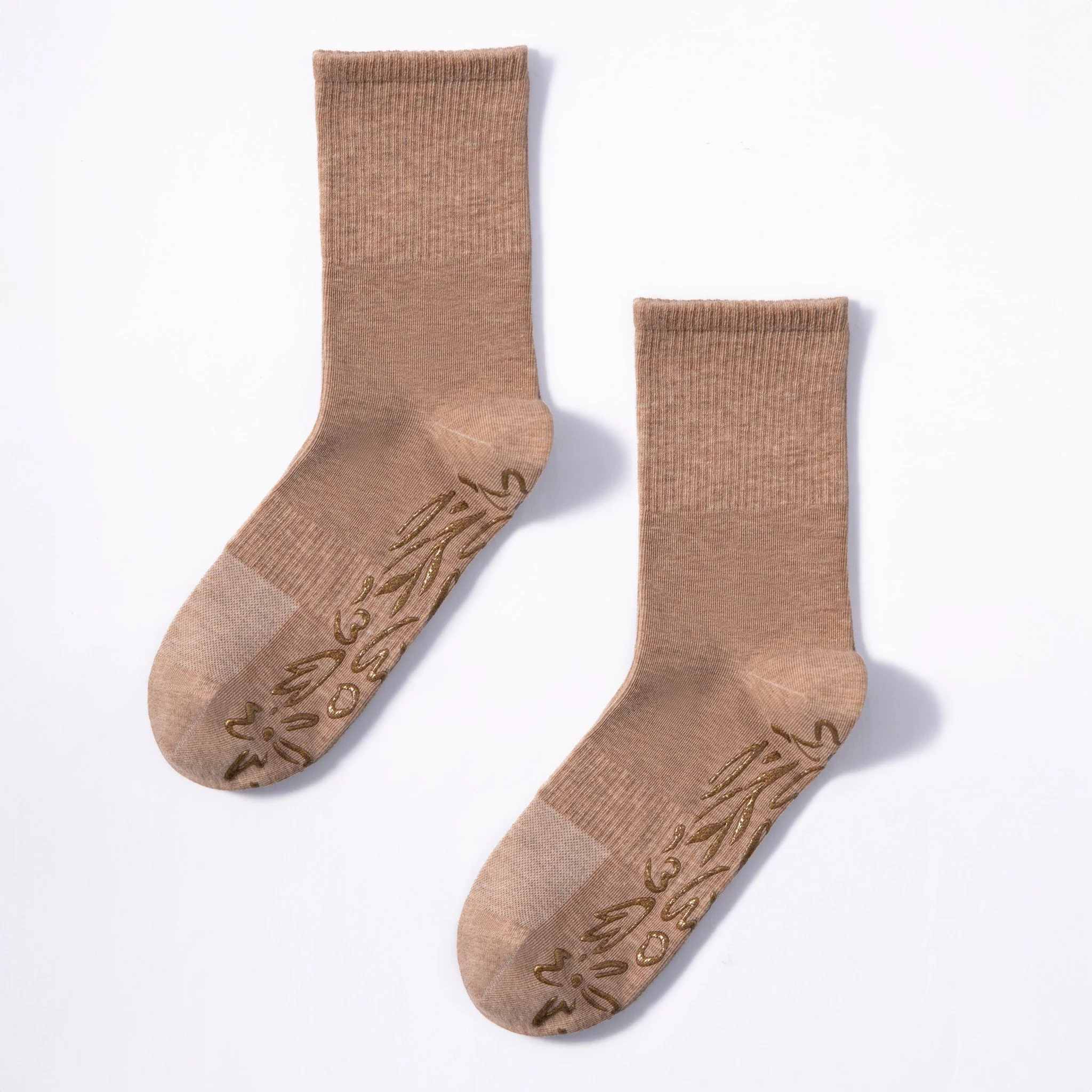 Original Design Serene Socks- Adult Organic Cotton Non-Slip Socks- 4 Seasons- Brown- 2 Pairs Crafted