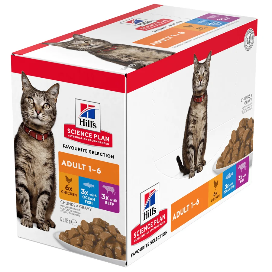 Sustainable Hill x27 s Science Plan Adult Wet Cat Food Chicken， Beef Ocean Fish 12x85g Unique