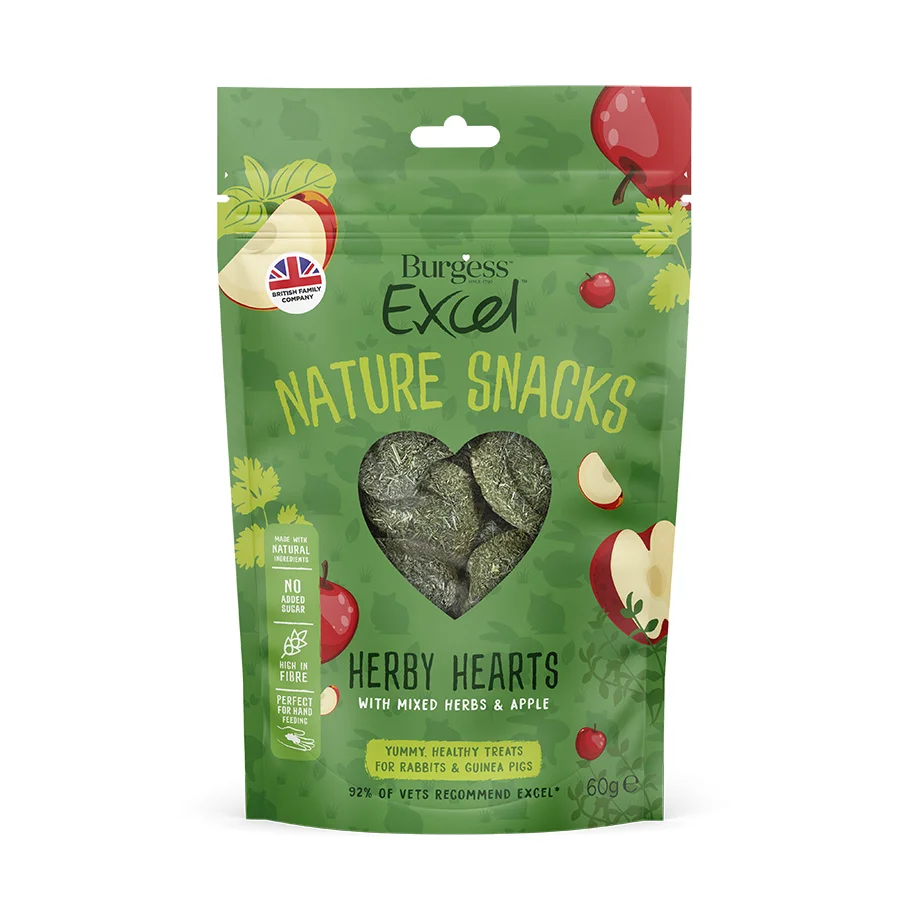 Artisan Burgess Excel Nature Small Animal Snacks Herby Hearts with Mixed Herbs Apple 60g User-Friendly