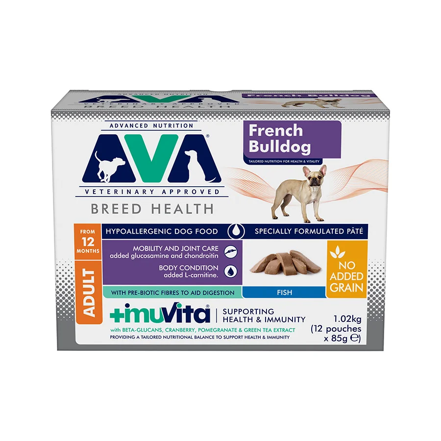 Pure AVA Health Vitality French Bulldog Adult Wet Dog Food Pâté Fish 12x85g Carefully Designed