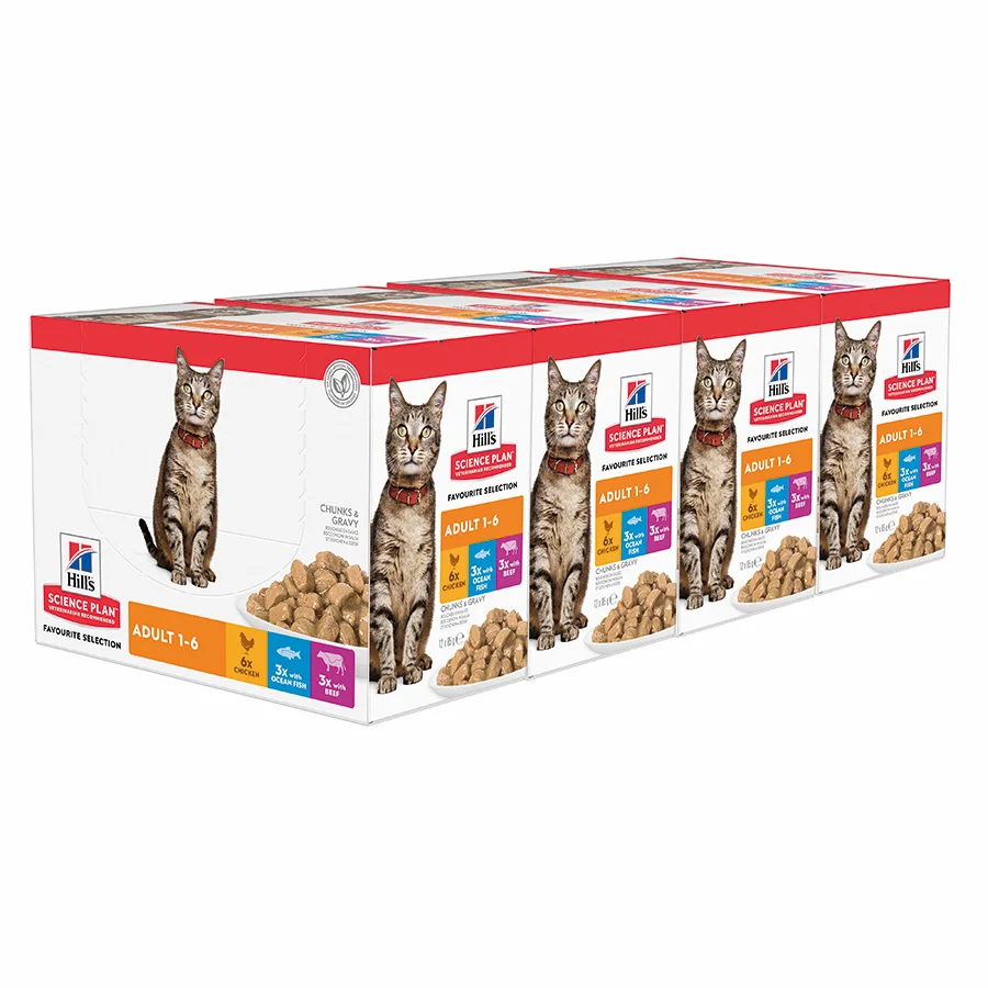 Luxury Hill x27 s Science Plan Adult Wet Cat Food Chicken， Beef Ocean Fish 48x85g Optimized